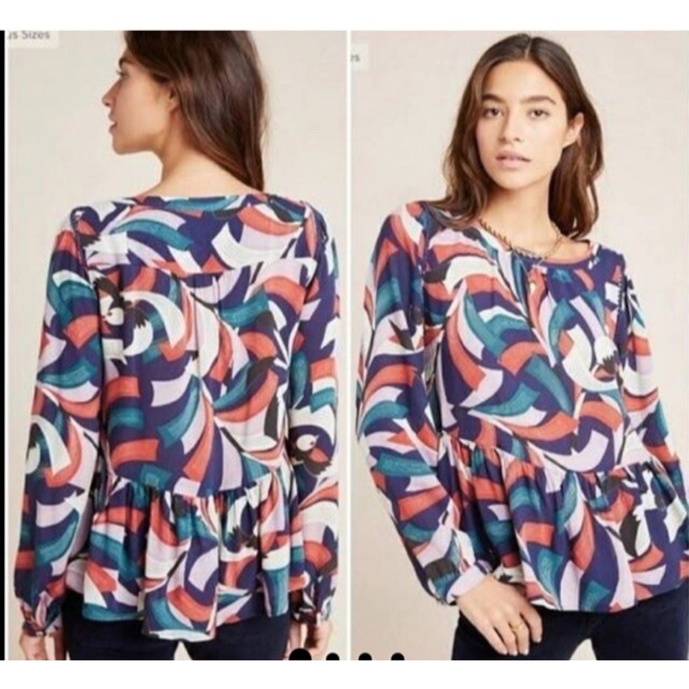 Maeve by Anthropologie Abstract Print Peplum Long Sleeve Blouse Top XS